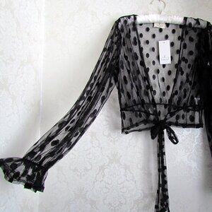 SHEER BLACK JACKET WRAP, M, BLACK POLKA DOTS, EMBER NWT LONG SLEEVES